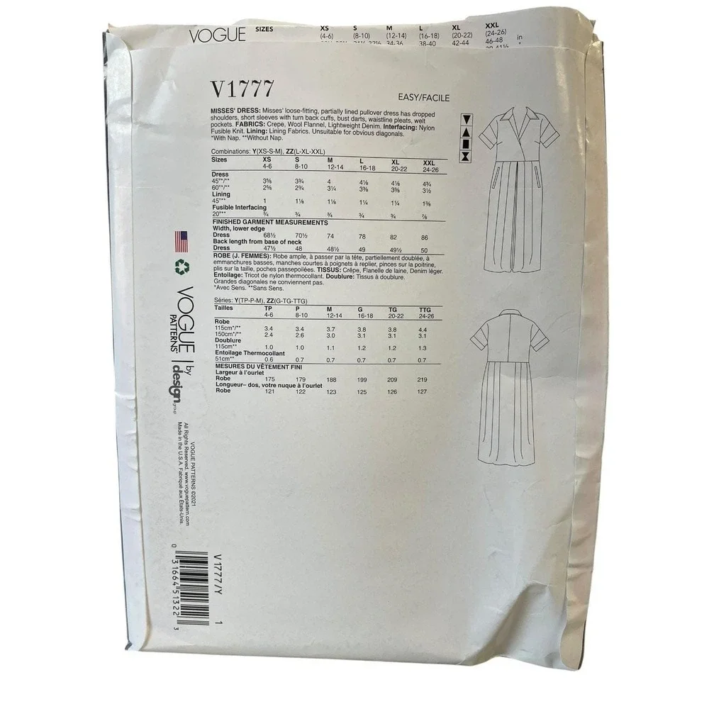 Vogue V1777 Misses'‎ Dress Sewing Pattern XS-S-M Rachel Comey